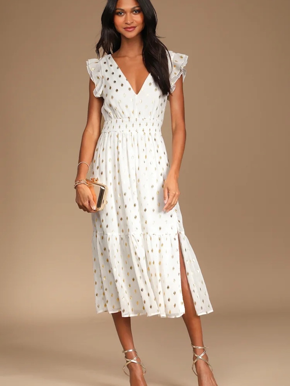 NWT Lulus Cause to Celebrate White & Gold Dot Tiered Midi Dress XXL Romantic